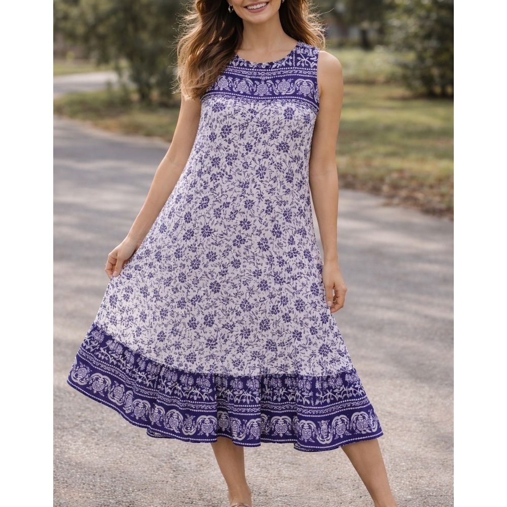 Only Necessities Midi Dress Womens L Purple Excellent Floral Cotton Sleeveless